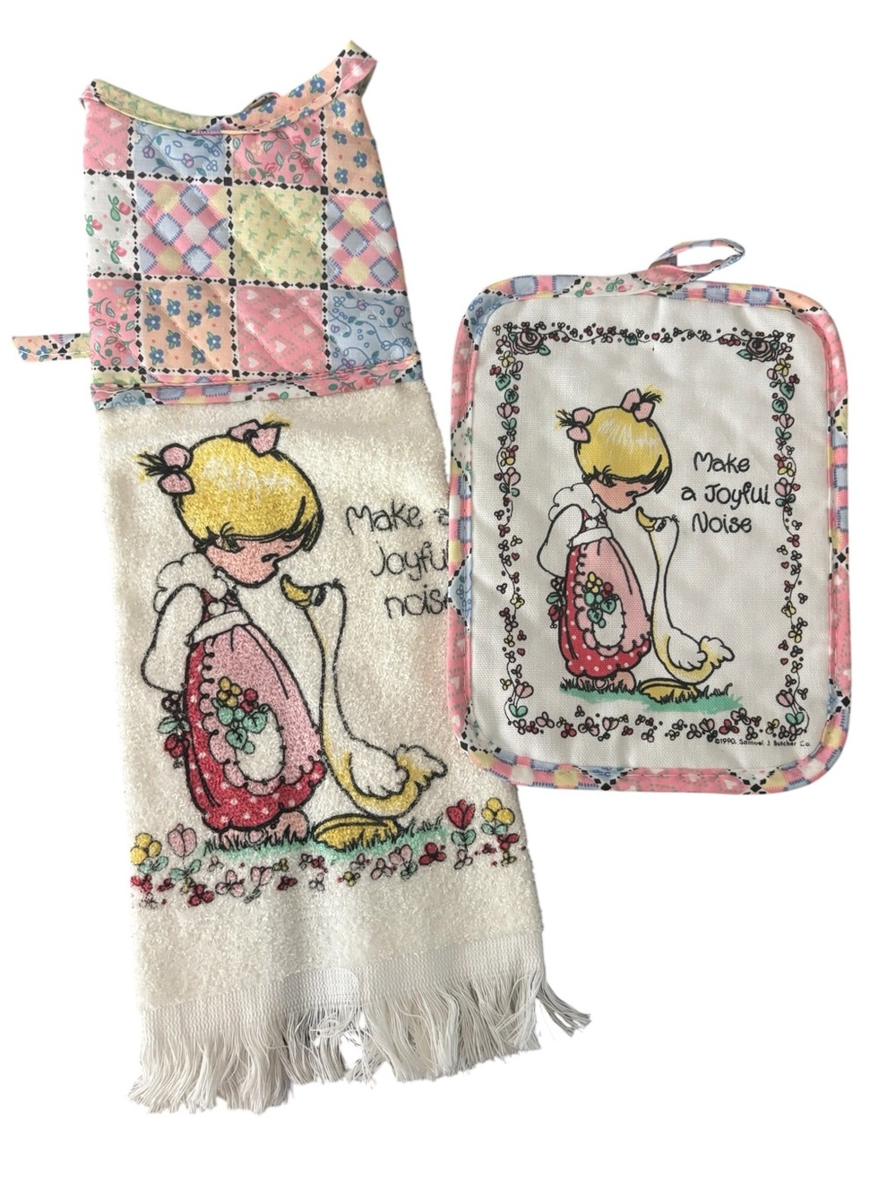 Precious Moments 90s Dish Towel Pot Holder Set Make a Joyful Noise VTG Cottage
